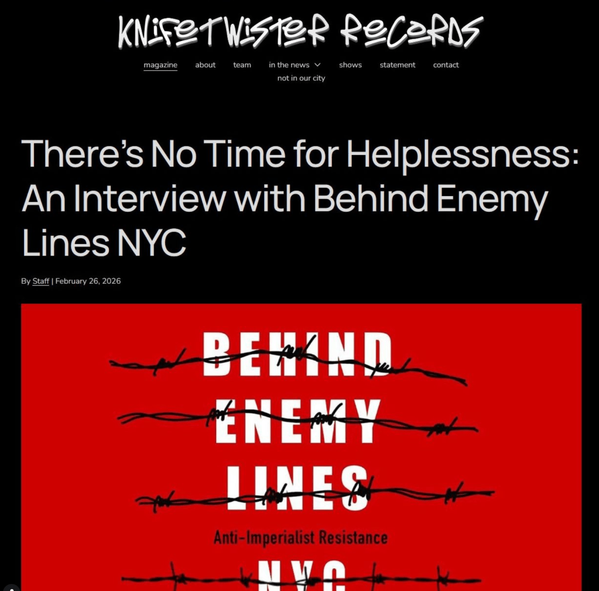 knifetwister records interview with Behind Enemy Lines NYC: There’s No Time for&nbsp;Helplessness